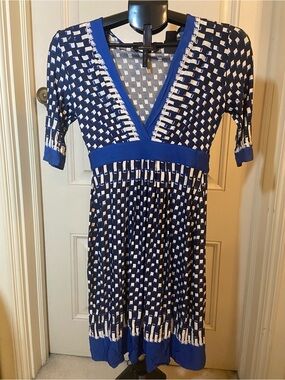 BCBGMaxAzria Blue and White Geometric Midi Dress